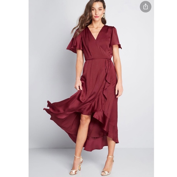 ModCloth Wine/Maroon Wrap Dress Size XXS 00/0 Gorgeous Ruffled Hem - Picture 7 of 13